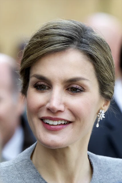 King Felipe VI of Spain and Queen Letizia of Spain attend investiture of honorary doctors by Salamanca's University at Paraninfo of Salamanca's University on April 5, 2016 in Salamanca. Queen Letizia tiara, diamond, wedding dress, jewelery, diamond earrings