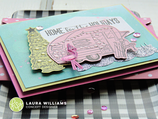 Laura Williams Pastel with a Pop Retro Christmas Card Home for the Holidays handmade card with Fun Stampers Journey All Roads stamp set #funstampersjourney #lauralooloo #rubberstamp #retrochristmas #christmasDIY #christmascards