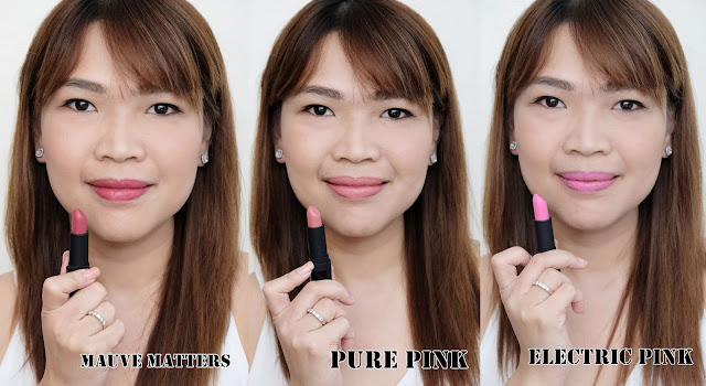 a photo of Avon True Perfectly Matte Lipsticks review in shades Mauve Matters, Pure Pink, Electric Pink,  Spendidly Fuchsia and Rose Awakening.