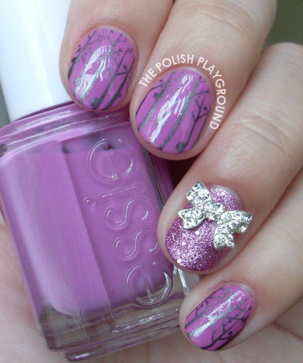 Purple and Silver Forest with Bow Stud Accent Nail Art Stamping