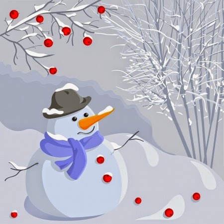 Snow man with carrot nose and berries in the snow