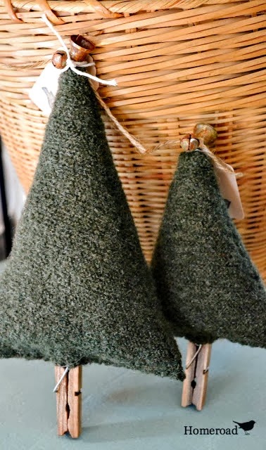 boiled wool Christmas trees against a basket