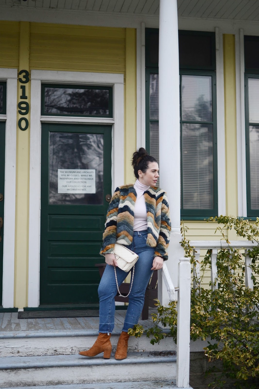 multicolor faux fur coat outfit hudson jeans m3de boots chanel french riviera bag vancouver fashion blogger