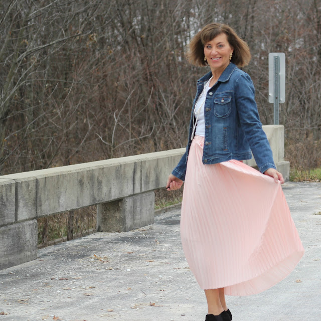 McCall's 7844 pleated skirt from Mood Fabrics' Blush Pleated Satin