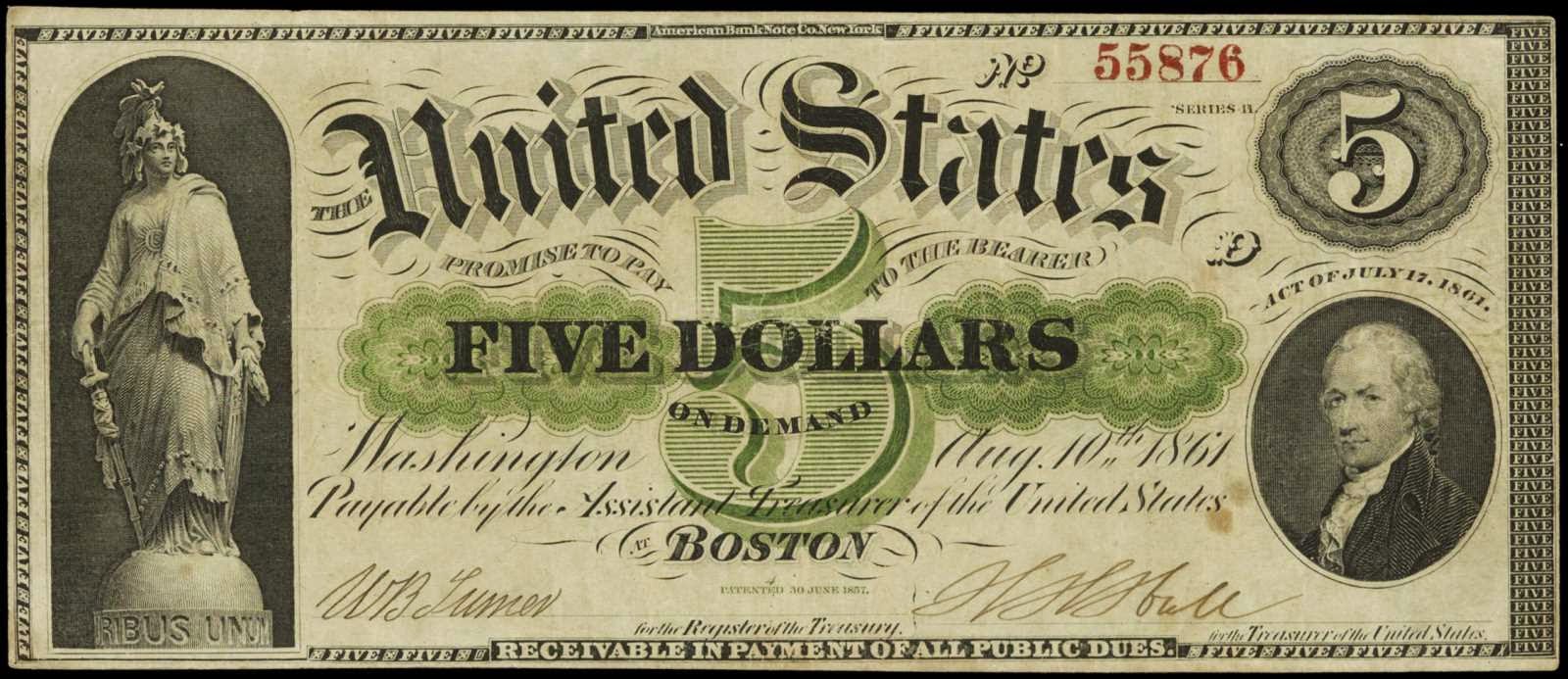 1861 Five Dollar Demand NoteWorld Banknotes & Coins Pictures Old