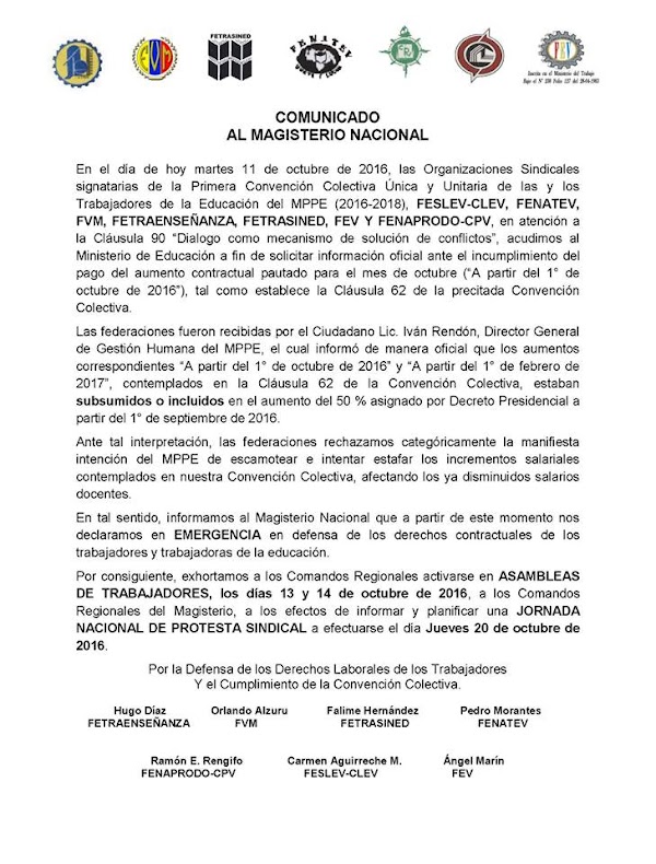 COMUNICADO AL MAGISTERIO NACIONAL SOBRE AUMENTO 17%. Federacion Venezolana de Maestros FVM COMUNICADO AL MAGISTERIO NACIONAL SOBRE AUMENTO 17%. Federacion Venezolana de Maestros FVM