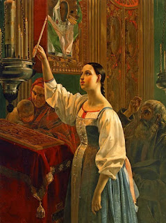 Михайлов Григорий Карпович (1814-1867) «Девушка, ставящая свечу перед образом» 1842 Государственная Третьяковская галерея Москва