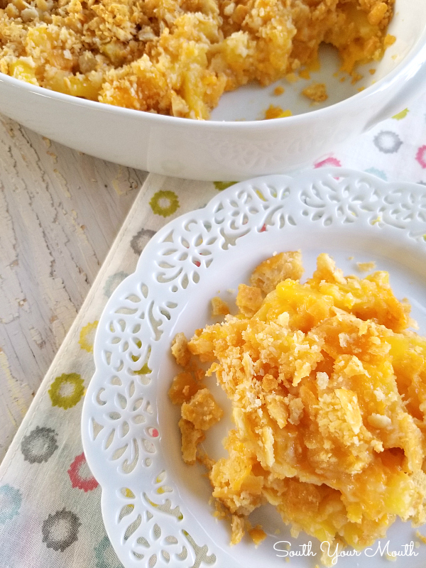 Pineapple Casserole | A sweet, savory, Southern casserole recipe with pineapple, buttery Ritz crackers and sharp cheddar cheese traditionally served with baked ham.