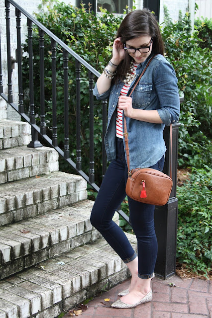 2017, summer, OOTD, chambray, stripes, personal, pearls, J.Crew, sparkly, 