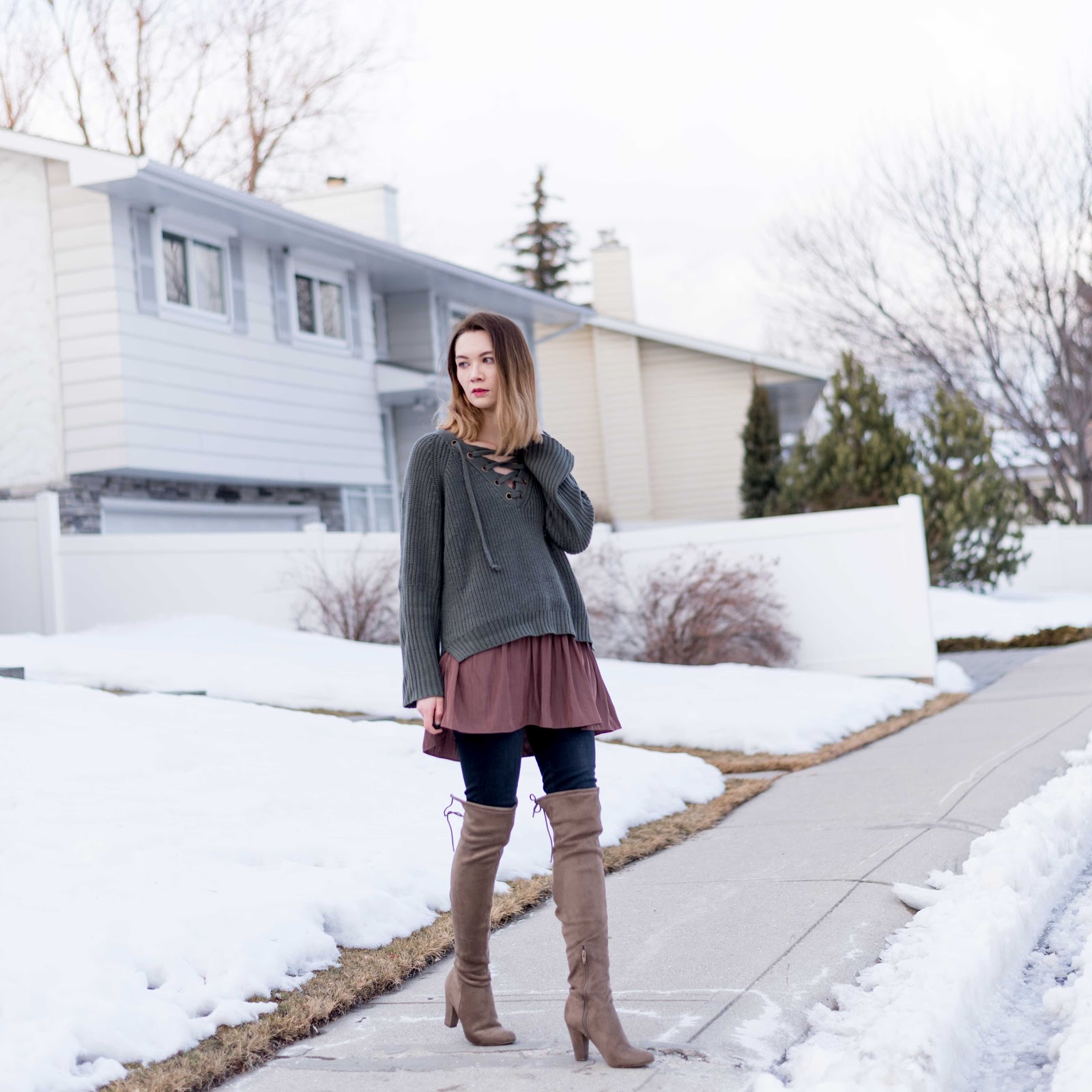 zaful review, lace up sweater, lace up top, over the knee boots, jbrand, aritzia dress, winter fashion, calgary fashion, how to layer
