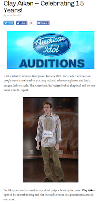Top of post on Clay Aiken News Network, January 28, 2018 Picture of post from Clay Aiken News Network, with American Idol logo and photo of Clay at first audition