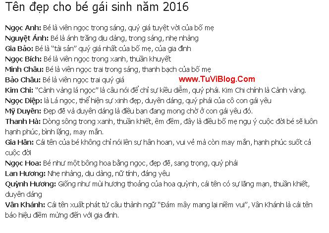 Ten Hay Cho Be Gai Sinh 2016