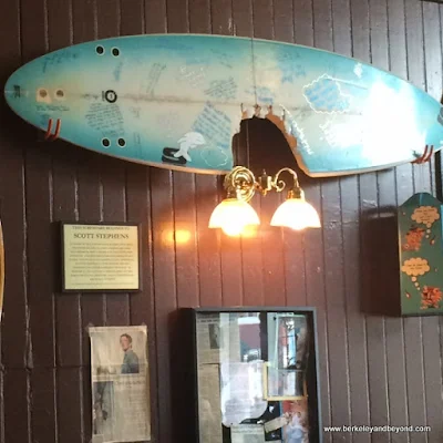 surfboard chomped on by a Great White at Lost Coast Brewery & Cafe in Eureka, California