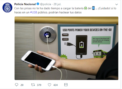 Twitter Policía Nacional Evita cargar el Smartphone en USB públicos.