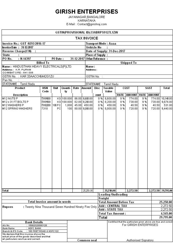 Tally ERP9 GST Invoice Formats Documents