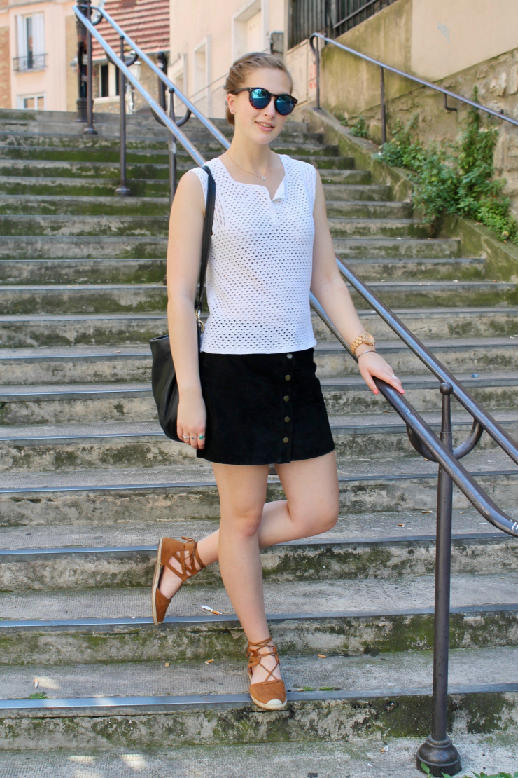 eyelet shirt, suede mini skirt, lace up espadrilles, black leather bag #fashion #worklook