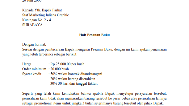 Contoh Surat Niaga Dalam Bentuk Setengah Lurus