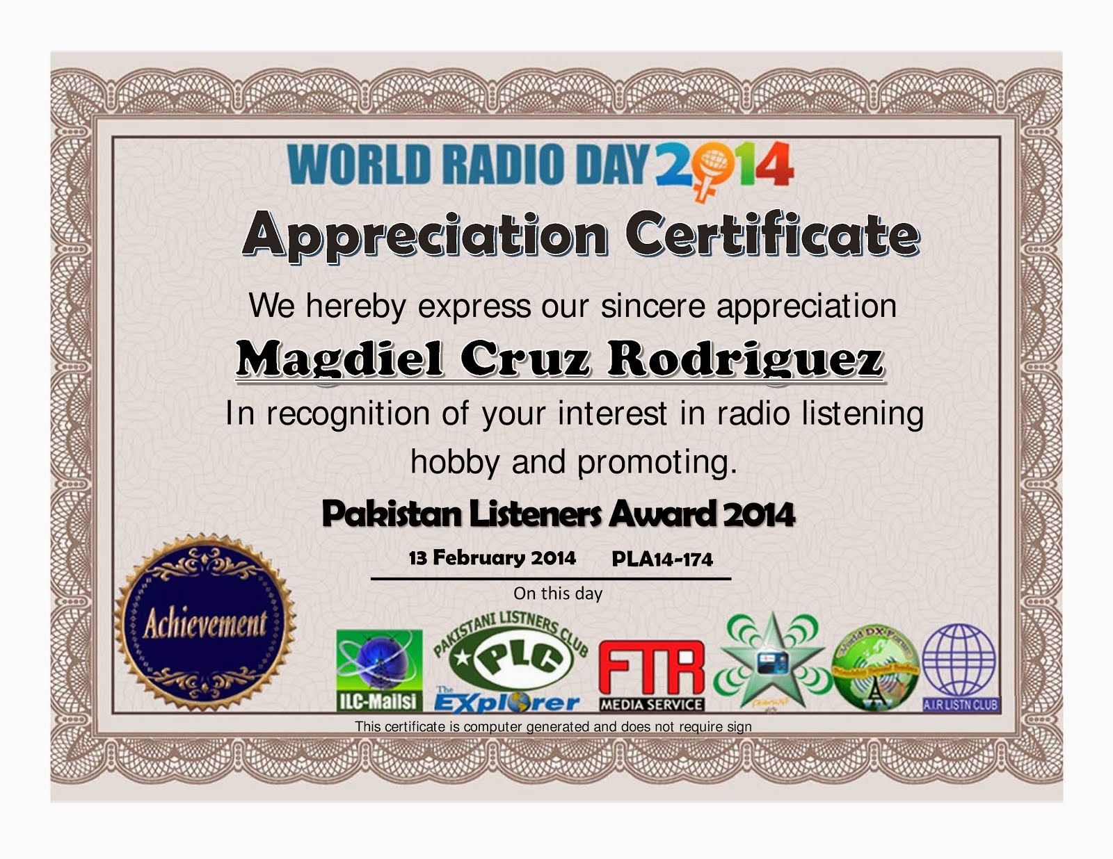 Appreciate Certificate WRD2014