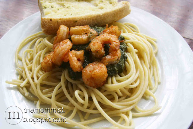 Pesto on pasta with shrimp at Volante