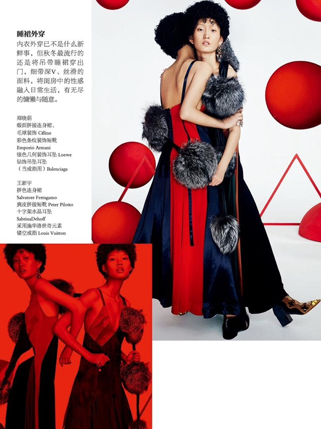 Cosmopolitan China September 2015, Zheng Xiao Meng 鄭曉萌、Wangy Xinyu 王新宇 Céline 2015 AW Big Fur Pompoms Scarf Editorials