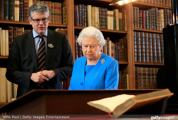 Queen Elizabeth II is shown items from the George III Collection pertaining to science and the Arts, including the 1765 Eardley Norton clock by Royal Librarian Oliver Urquhart Irvine while attending the launch of the George III Project at an event held in the Royal Library in Windsor Castle