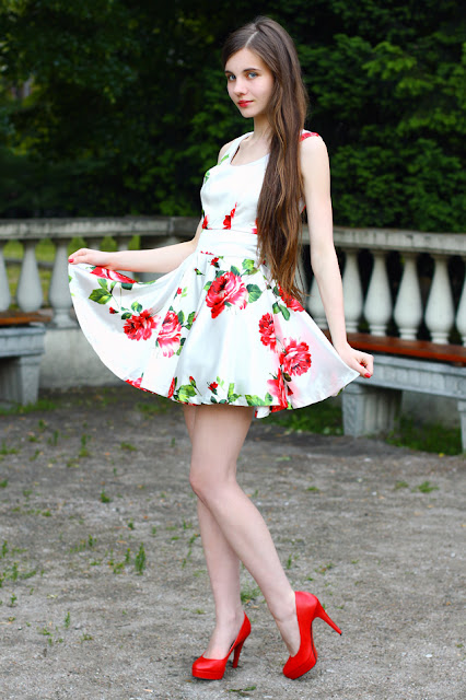 Nylon Dreams: Flower Print Dress and Red High Heels