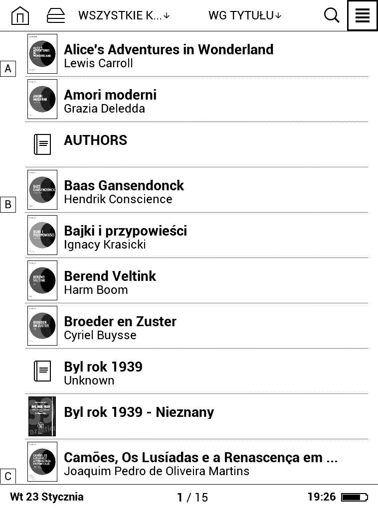 Biblioteka w PocketBook Basic Lux - widok listy uproszczony
