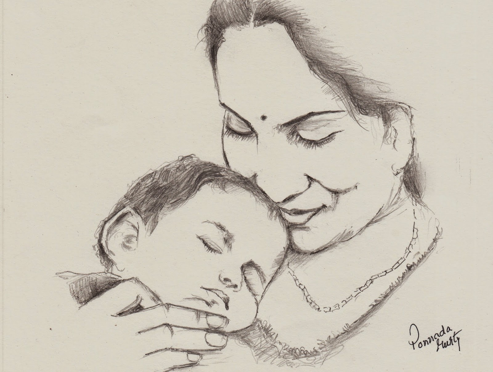 Sketches and Drawings : Indian mother - pencil sketch