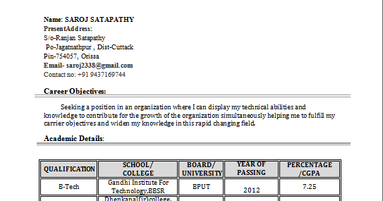 fresher resume with project details