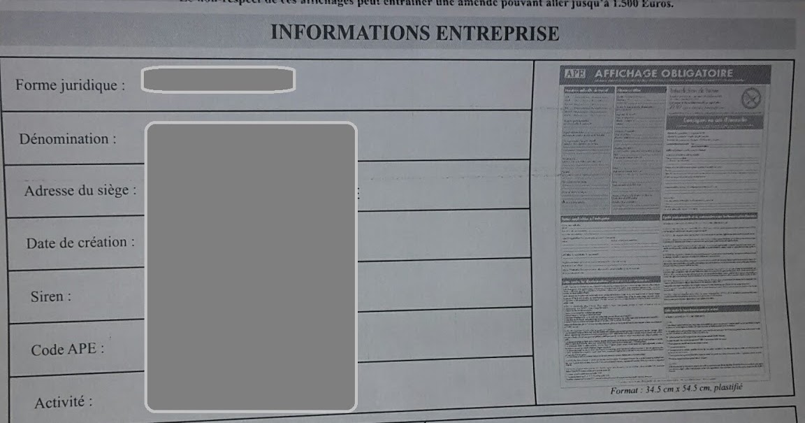 Arnaques entrepreneurs APE Affichage obligatoire