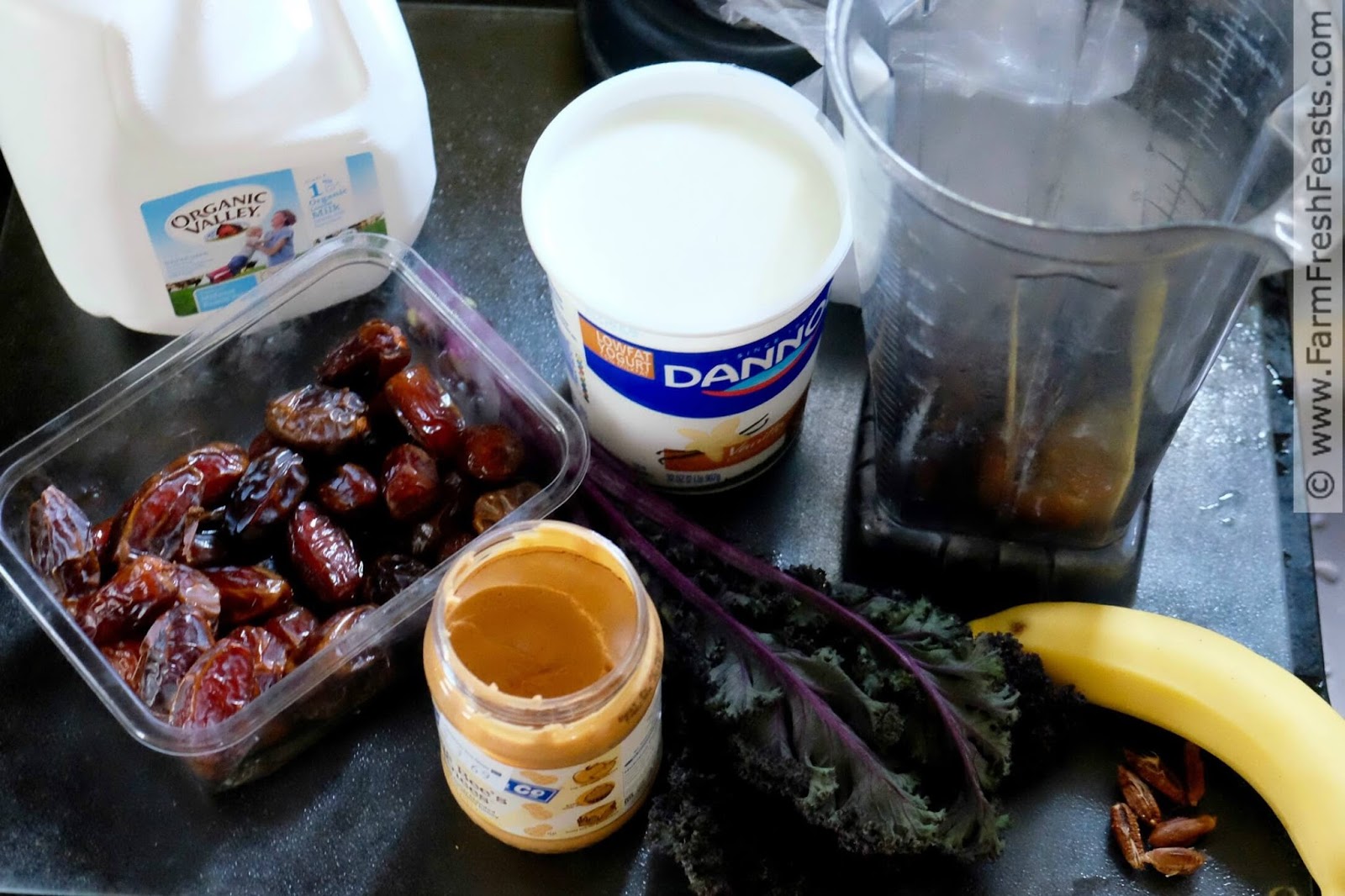 Farm Fresh Feasts Banana, Peanut Butter, and Date Smoothie with Curly Kale