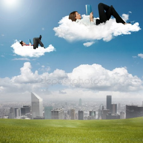 Se você conhece o autor desta imagem, por favor nos informe para que possamos atribuir-lhe os devidos créditos. Obrigado. Pessoas lendo livros, flutuando em nuvens. #PraCegoVer
