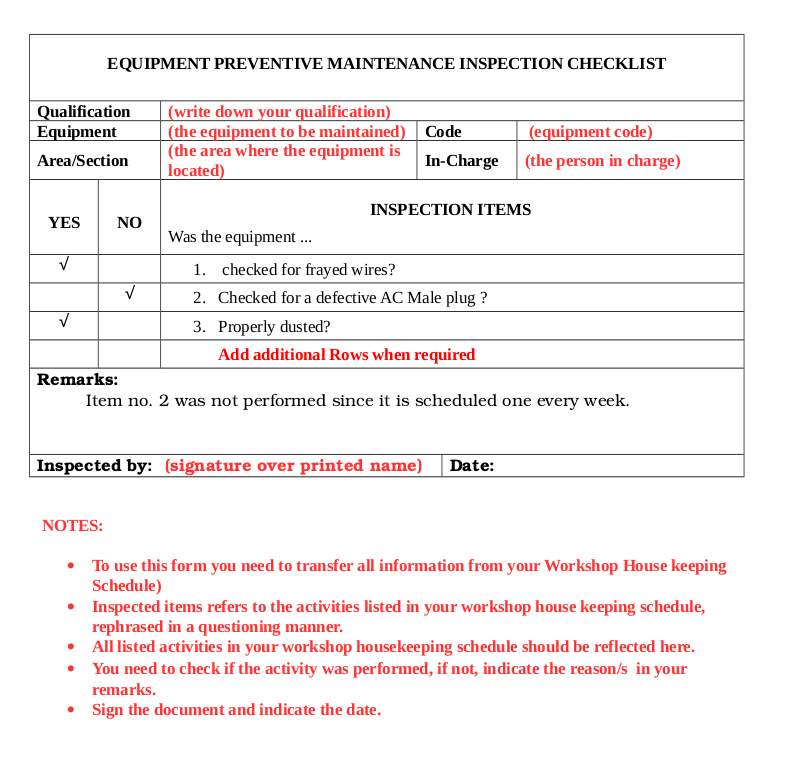 Trainers Methodology Hub Equipment Preventive Maintenance Program