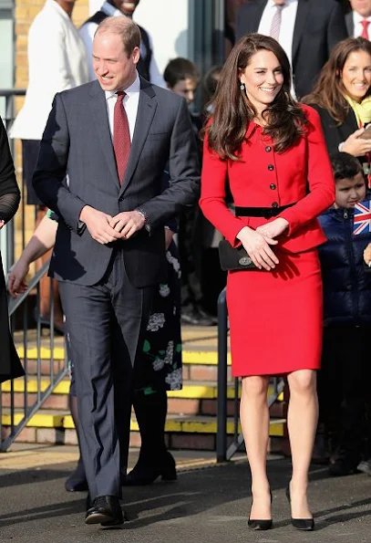 Kate Middleton wore Luisa Spagnoli red suit, Gianvito Rossi black suede pumps, Mulberry suede clutch, Mappin & Webb earrings. Place2Be