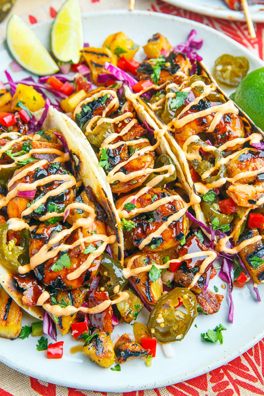 Teriyaki Grilled Shrimp and Pineapple Tacos with Candied Jalapeno and