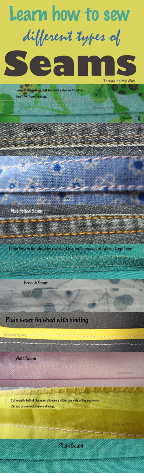 Learn how and when to sew different types of seams - plain, welt, french, flat felled ~ Threading My Way