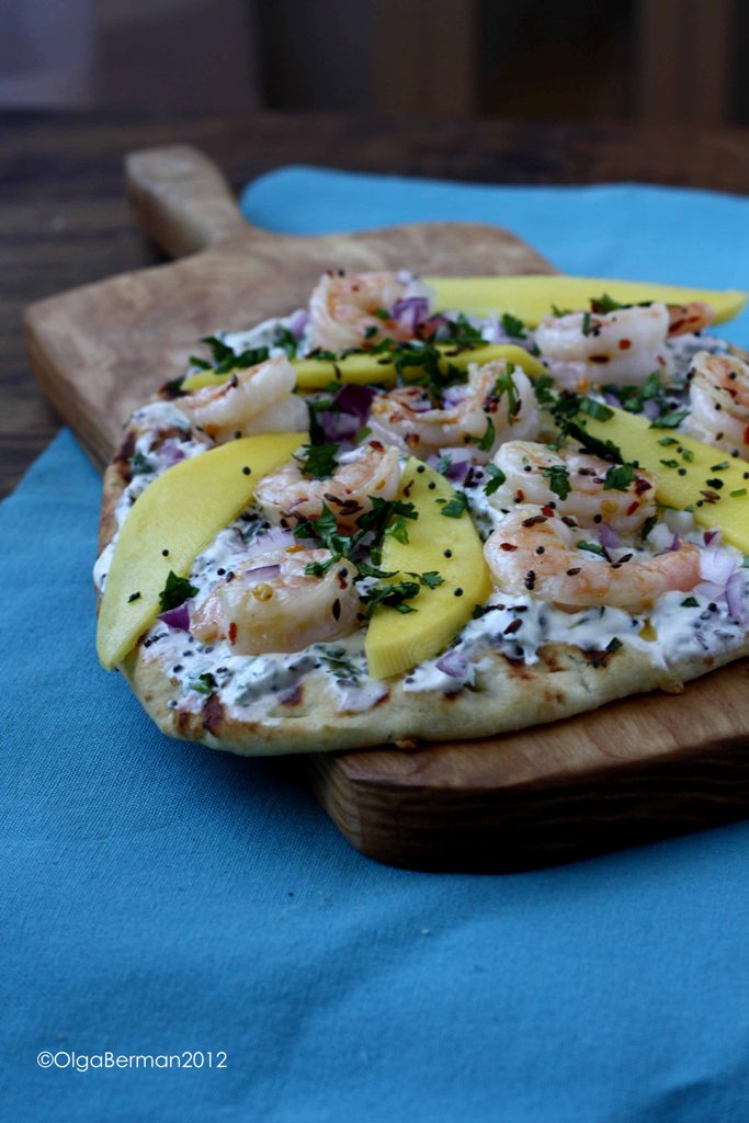 Mango & Tomato Stonefire Naan Flatbread with Shrimp, Mango & Yogurt Sauce