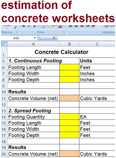 Estimation of concrete worksheets - Civil engineering program