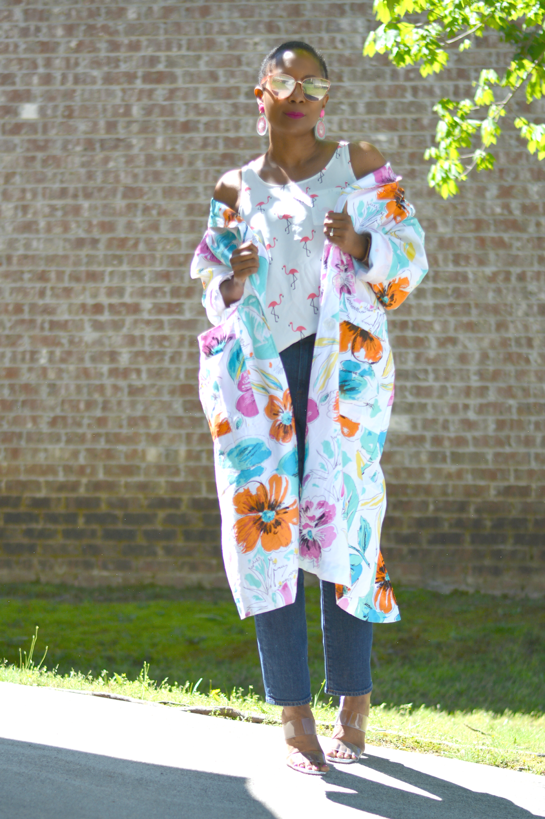 Thrift style featuring a vintage floral 80s duster.
