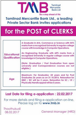 तमिलनाडु मर्केंटाइल बैंक लिमिटेड TMB Recruitment 2017 (www.tmbnet.in) Apply Now