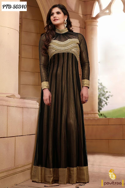 Wedding and New Year Bollywood actress Zarin Khan black long anarkali salwar suit 2015 2016 online shopping with discount offer price at pavitraa.in