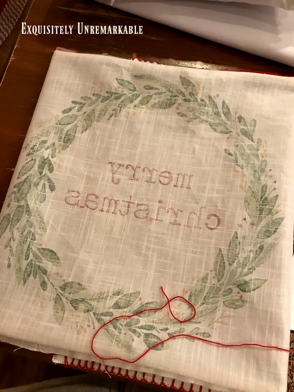 Placemat turned inside out and being stitched