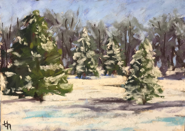 pastel painting, winter pastel painting, winter painting, winter scene, evergreens in pastel