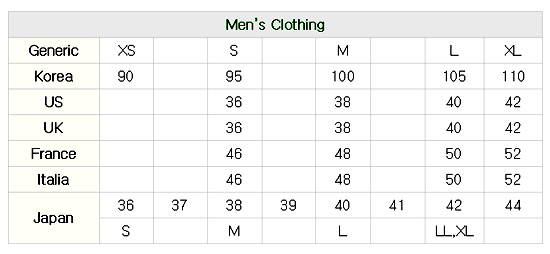 Korean Men S Size Chart
