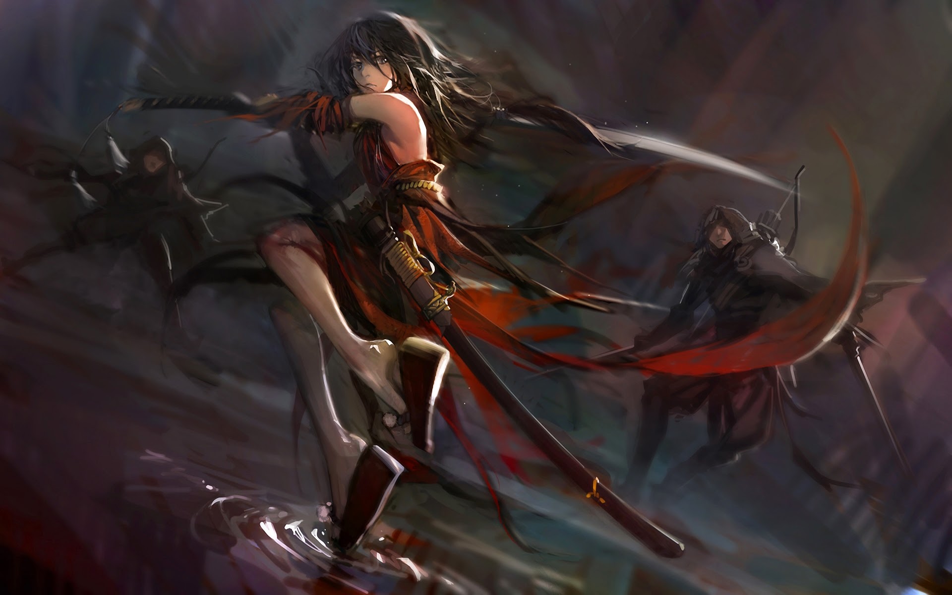 anime girl fighting katana sword pixiv fantasia hd wallpaper