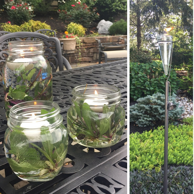 backyard oasis, outdoor centerpieces, floating candles, torches
