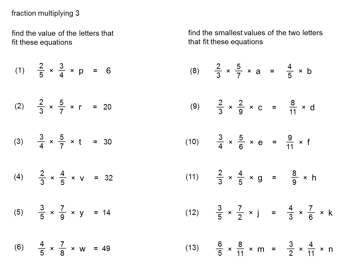 Fraction Multiplication Free Worksheets