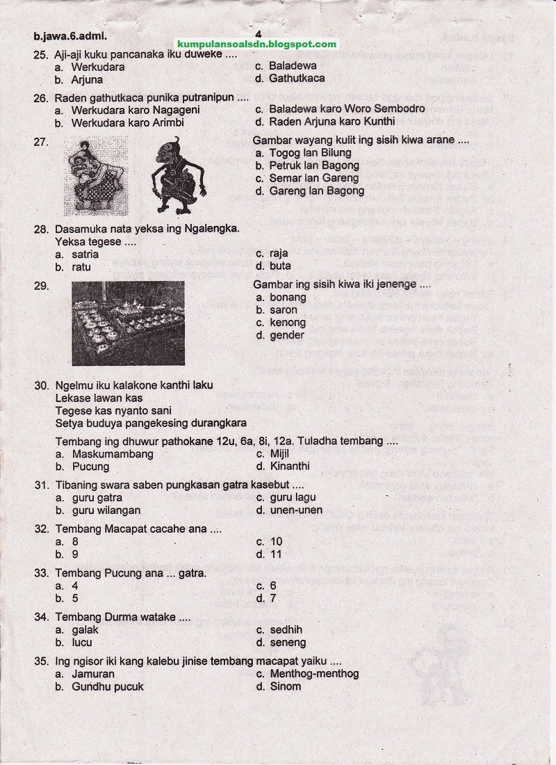 Soal Bahasa Jawa UKK Kelas 6 SD Semester TA 2013/2014 ~ Kumpulan Soal SD