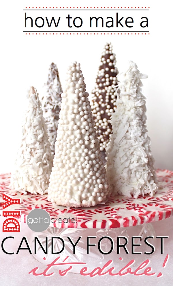 Love this beautiful candy forest for the holidays! | How to make an edible winter forest at I Gotta Create!