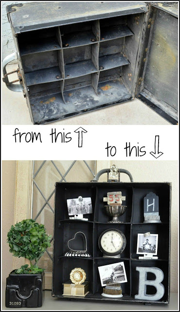 Trash to Treasure Cubbies - MySalvagedTreasures.com turn a vintage carrying case into display shelves